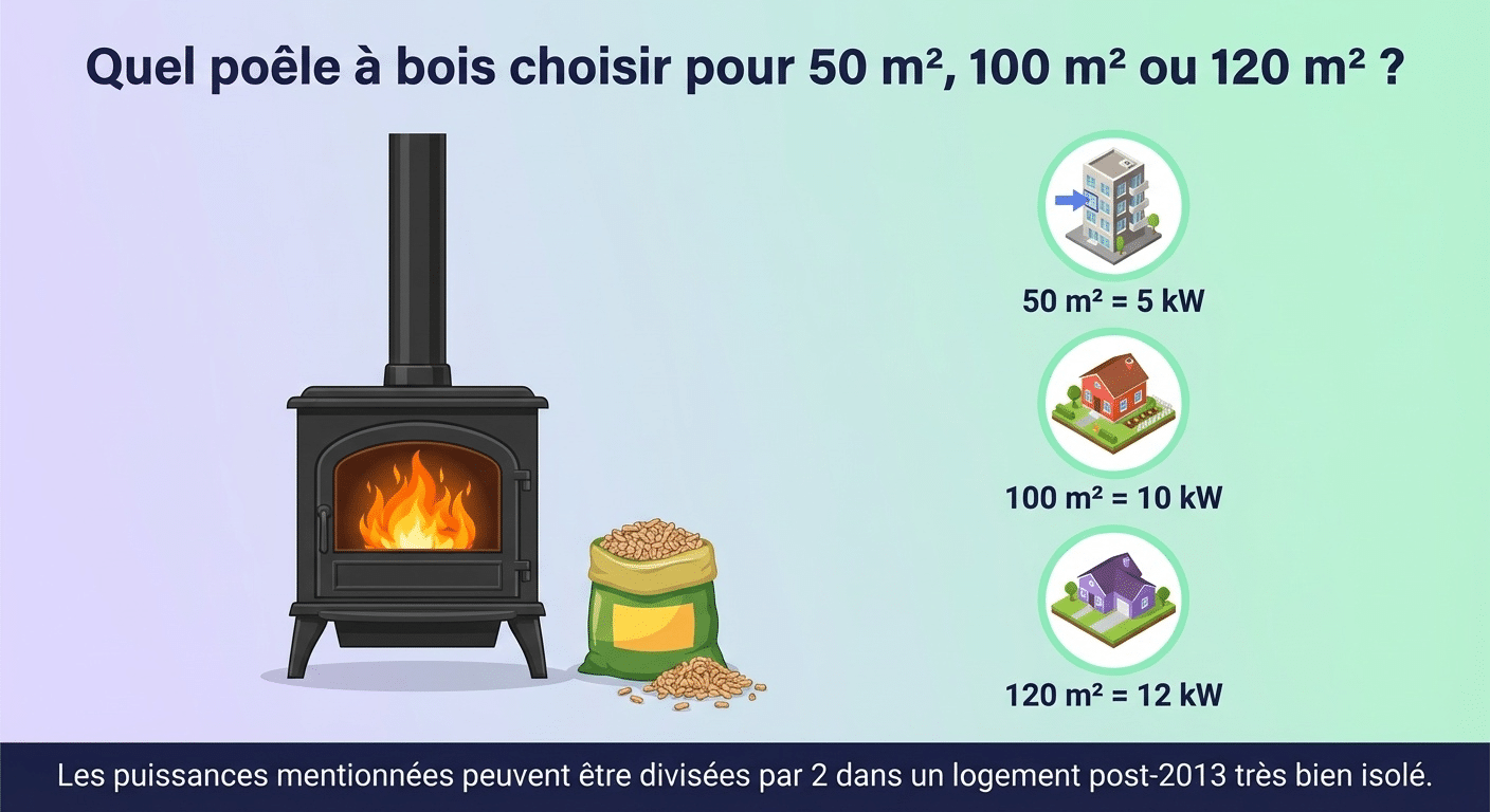 Infographie pour bien choisir son poêle selon la surface de 50 à 120m²