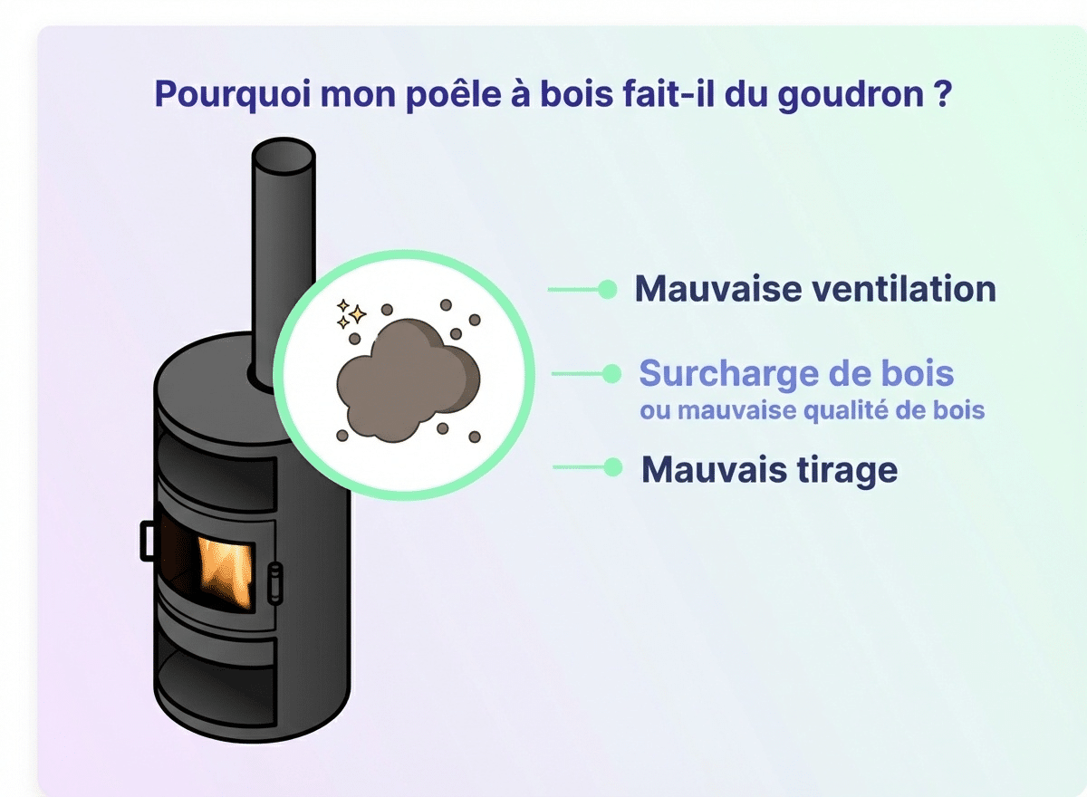 Infographie poele à bois qui fait du goudron
