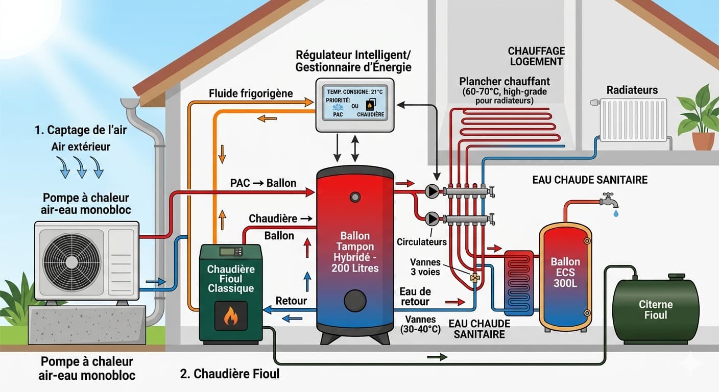 schéma d'un système de chauffage hybride permettant de coupler un pompe à chaleur avec une chaudière fioul