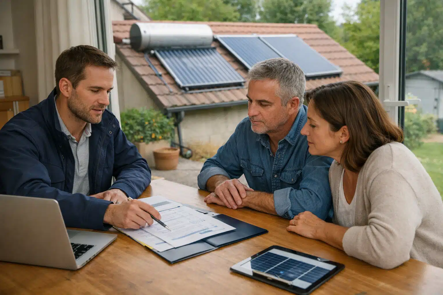 Conseiller expliquant devis panneaux solaires à un couple