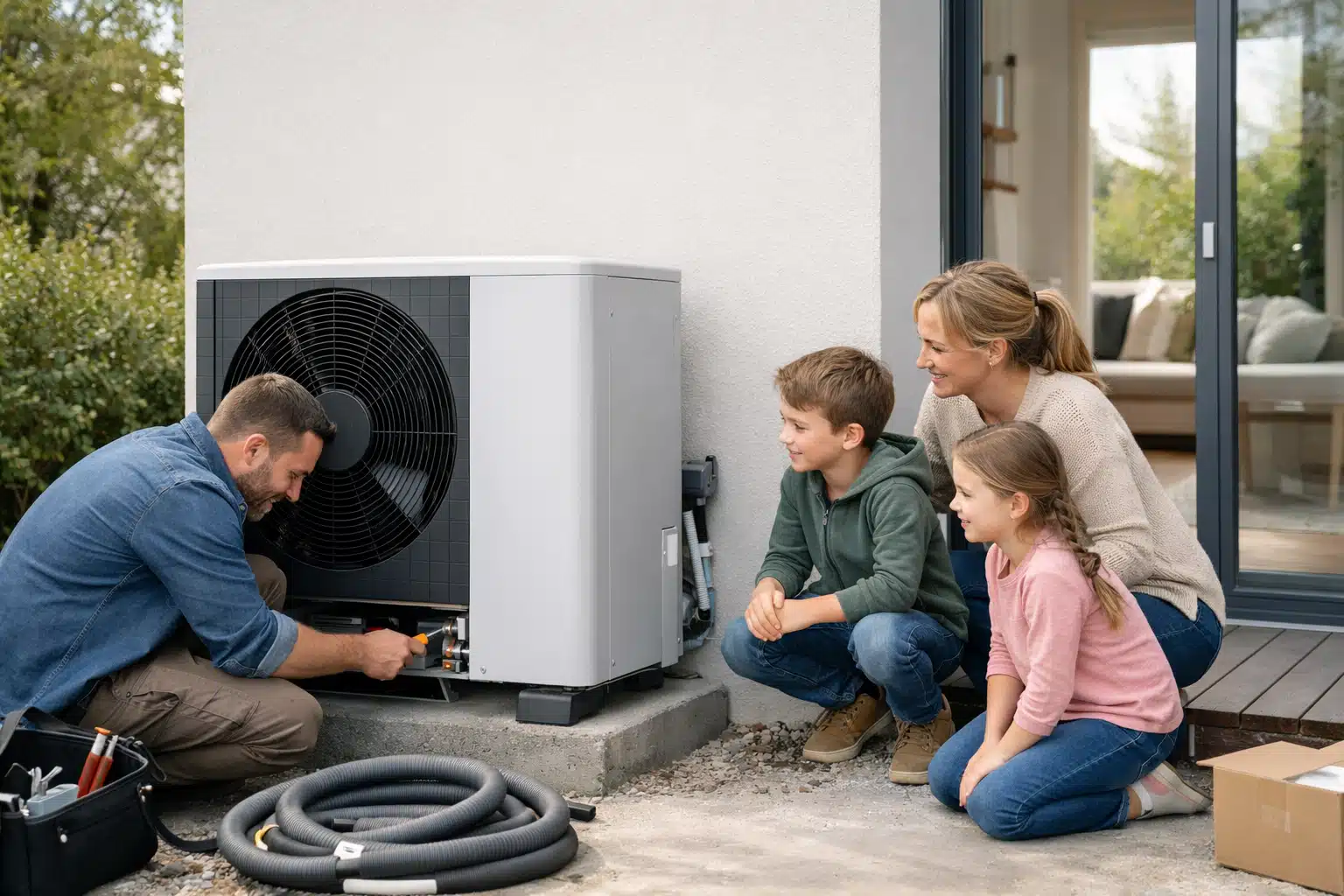 Un artisan RGE installe une pompe à chaleur air-eau devant une femme et ses deux enfants