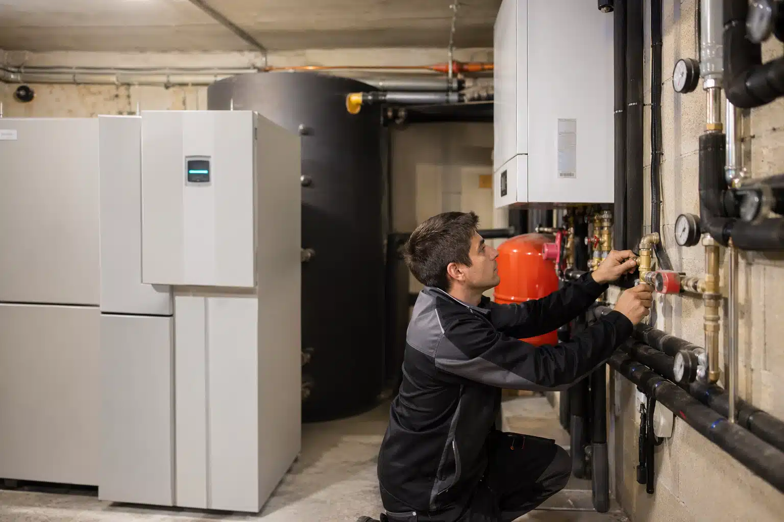 Technicien ajustant les connexions d'une pompe à chaleur eau-eau