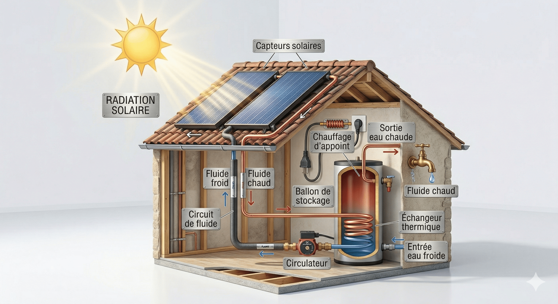 Schéma de fonctionnement d’un chauffe-eau solaire avec capteurs, ballon de stockage et circulation du fluide chaud et froid